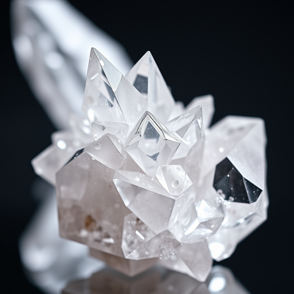 Generate an image of a large crystal formation with sharp, reflective edges and intricate details, captured in macro view using a Canon EOS R5 with a 100mm f/2.8L macro lens, aperture set to f/8, ISO 100, and a soft diffused lighting setup to enhance clarity and highlights.