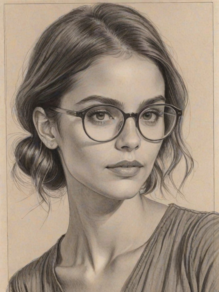 Delightful Caitlin Stasey, pencil sketch, portrait of Exquisite woman 1932s in glasses, hair style beatnik, outline, clear lines, fine lines, 8k