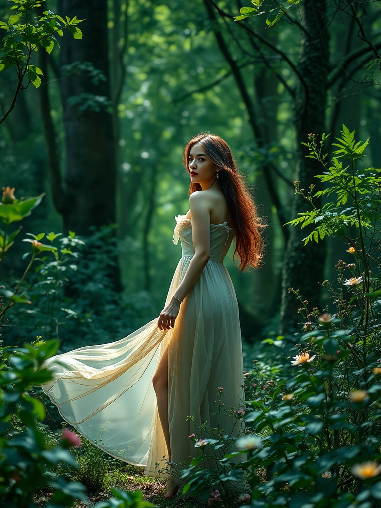 a mystical forest scene featuring a graceful woman in a flowing dress surrounded by lush greenery and flowers, capturing her serene expression and gentle movement, soft focus, natural lighting, ISO 100, f/2.8, 50mm lens, DSLR camera, high dynamic range imaging