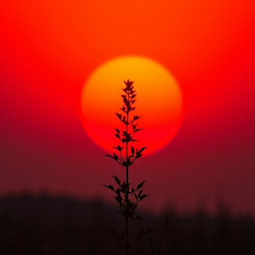 Create an image of a minimalistic landscape featuring a single green plant silhouette in front of a large red sun setting against an orange background, shot with a Canon EOS R, 50mm lens, f/1.8 aperture, ISO 100, in natural light for high contrast and vibrant colors.