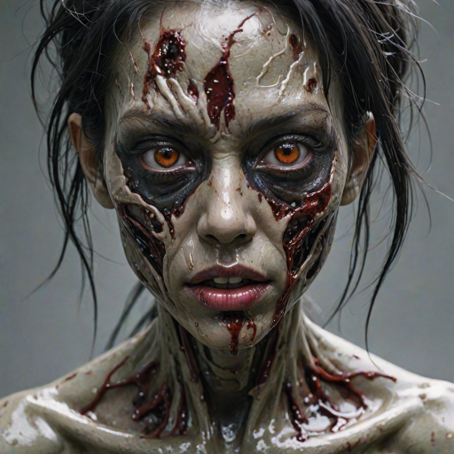 (perspective) of A creepy (ethnicity) zombie cyborg with (descriptive color) skin, (color) lipstick (color) liquid flowing from her eyes and mouth, (perspective two) portrait, (camera angle), extremely detailed, (art style) in the style of Yoshitaka Amano and Tetsuo Hara. --ar 85:128 --style raw --niji 6