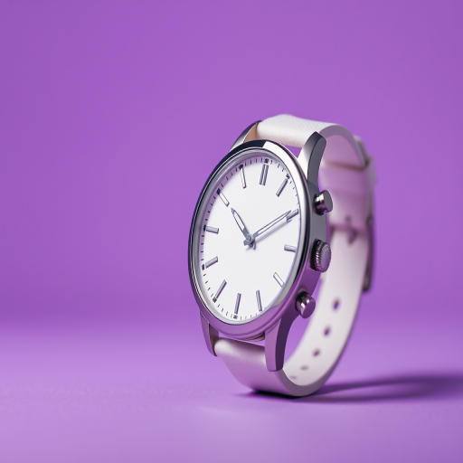 A high-quality image of a white watch positioned at a slight angle against a soft gradient purple background, shot with a DSLR camera at f/2.8 aperture, 50mm lens, ISO 100, 1/125 sec exposure, in macro view to capture detail and texture.