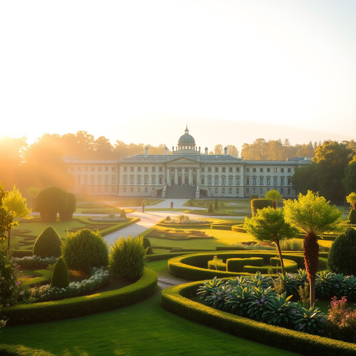 Create a serene landscape depicting a grand palace surrounded by lush gardens under soft morning light, captured with a high-resolution DSLR camera, 50mm lens, f/1.8 aperture, ISO 100, at a golden hour perspective, focusing on the dreamy, ethereal quality of the scene.