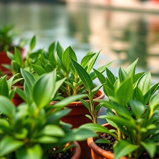 Close-up of green plants in pots by a calm water surface, soft natural lighting, use a shallow depth of field to blur the background, camera settings: f/2.8, ISO 200, 1/200s, shot from a low angle with a 50mm lens, in a DSLR style for enhanced image quality.