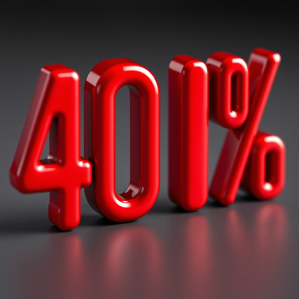 Create a 3D text representation of "40%" with a glossy red finish, using a DSLR camera with a 50mm lens, aperture f/2.8, ISO 100, and a shallow depth of field to focus on the text while blurring the background.