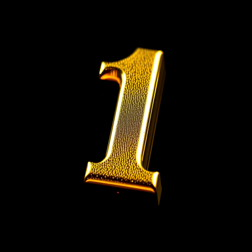Create a high-resolution image of a shiny golden number 1 with a glossy texture, shot with a Canon EOS R5 at f/2.8, ISO 100, 50mm lens, using a macro style and front view for enhanced clarity and detail.