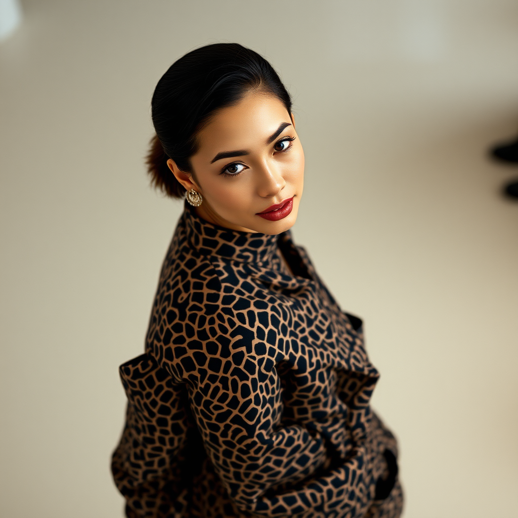 Capture the model from a high angle, emphasizing the outfit’s pattern and silhouette. Use a 35mm prime lens to maintain sharpness and minimize distortion