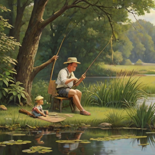 Imagine a small group of old fashioned young boys out fishing by the creek, a swing hanging from a tree branch, reeds and grasses by the water's edge, a frog sitting on a lily pad, dragonflies hovering over som water plans, a very iconic old fashioned scene reminiscent of a Norman Rockwell painting style