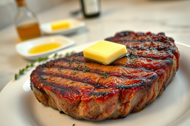 Create an image of a perfectly seared ribeye steak, resting on a white plate with a pat of melting butter on top. The steak is seasoned with fresh herbs like thyme and parsley, with glistening juices highlighting the texture of the meat. The background features a soft focus on a light, marble countertop, with a small dish of butter and an olive oil bottle in the distance. The overall mood should be warm and inviting, capturing the deliciousness and juiciness of the steak.