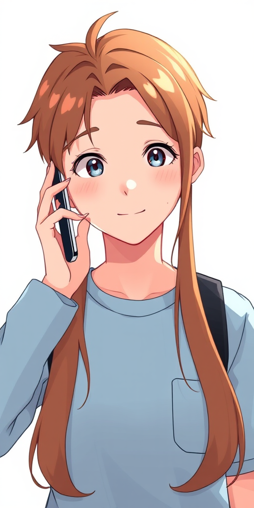 Create a high-resolution digital illustration of a character with brown hair, wearing a light blue shirt, holding a smartphone to their ear, using a Canon EOS 5D Mark IV, 50mm lens, f/1.8 aperture, ISO 100, natural lighting, front view, cartoon style.