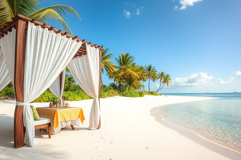 Create a picturesque tropical beach scene featuring a serene, white sandy shore. In the foreground, there's a rustic wooden canopy with white drapes gently flowing in the breeze. Underneath the canopy, a table is set with tropical decor, evoking a sense of relaxation and leisure. The beach extends into a calm, shallow water area with reflections of the sky and surroundings. Palm trees and lush greenery line the edge of the beach, providing a natural, tropical backdrop. The sky is clear with a few scattered clouds, and the overall atmosphere is tranquil and inviting, perfect for a peaceful retreat.