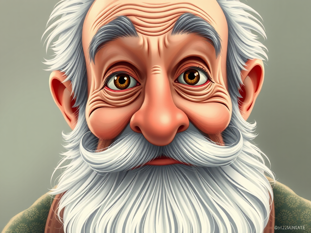 Create a detailed digital illustration of a whimsical old man with a large beard and expressive eyes, using a 50mm lens on a DSLR camera with f/2.8 aperture, ISO 100, and a shallow depth of field to enhance the facial features, in a bright and cheerful color palette, with soft lighting to add warmth and depth.
