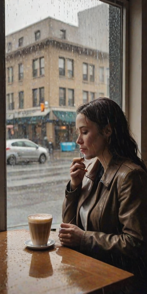Bustling city cafe on a rainy afternoon, with soft jazz playing in the background, a woman sits by the window, sipping a latte and watching the rain streak down the glass.