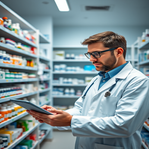 Create a detailed image of a male pharmacist in a modern pharmacy, wearing a lab coat and glasses, engaged with a tablet, shelves filled with various medications and products in the background, shot with a Canon EOS R5, 50mm lens, f/1.8 aperture, ISO 200, natural lighting for a soft and professional ambiance.