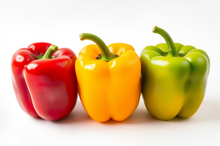 Three colorful bell peppers (red, yellow, green) arranged in a row on a white background, captured with a DSLR camera, 50mm lens, f/2.8 aperture, ISO 100, natural lighting, focus on the peppers with a soft blurred background.