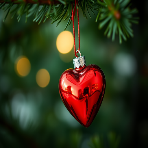 Close-up of a shiny red heart-shaped Christmas ornament hanging on a tree, surrounded by blurred green pine needles, bokeh effect in the background, shot with a Canon EOS R, 50mm f/1.8 lens, aperture f/2.8, ISO 100, 1/100s shutter speed.