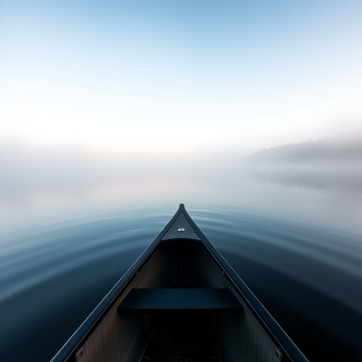 photograph a serene lake at dawn with fog hovering above the water, focus on the foreground of a canoe bow pointing toward the misty landscape, use a wide-angle lens, aperture f/8, ISO 100, shutter speed 1/60s, soft natural lighting, shot with a DSLR camera