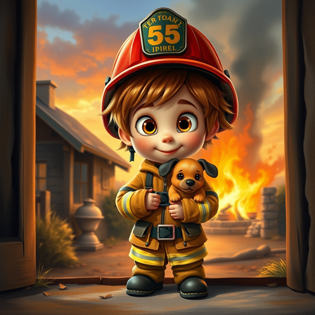 airbrushed oil painting, pixar style, cute little girl in fireman gear, helmet, tousled hair, expressive eyes, standing in the doorstep of a cottage burning behind him, holding a cute little dog in her arm, atumn sky
