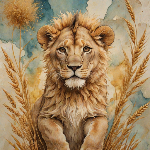 Soft, muted Alcohol Ink with ebru effect background image of tiny whimsical lion, who climbed high on the top of a golden rye ear.