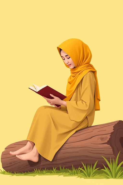 Create an illustration of a person wearing a yellow hijab sitting on a brown log and reading a book, with a solid pastel yellow background, captured with a Canon EOS R5, 50mm f/1.2 lens, soft natural lighting, and a shallow depth of field.