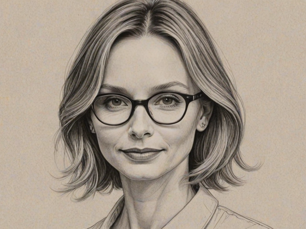 Superb Calista Flockhart, pencil sketch, portrait of Delightful woman 1957s in glasses, hair style beatnik, outline, clear lines, fine lines, 8k
