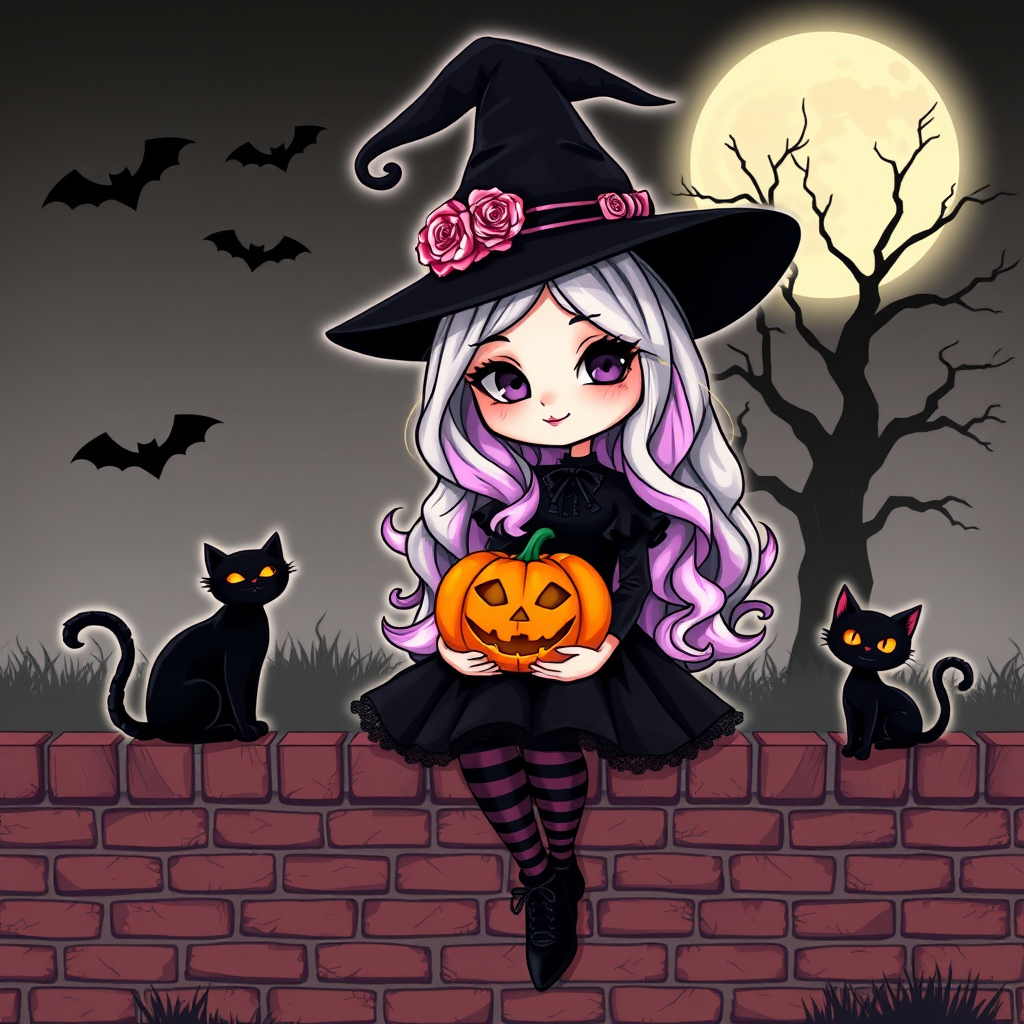 A cute, gothic-style cartoon of a young witch resembling Wednesday Addams sitting on a brick wall under a full moon. She has long wavy hair with silver, pink, and purple ombre highlights, and wears a classic black witch hat decorated with a pumpkin and roses. She is dressed in a black frilly dress with striped stockings and black shoes. A glowing Jack-o'-lantern sits beside her, and a black cat with glowing orange eyes is next to her. The background features a large moon, silhouetted bats, and a spooky tree, with a soft monochrome and slightly glowing effect, creating a magical Halloween atmosphere.