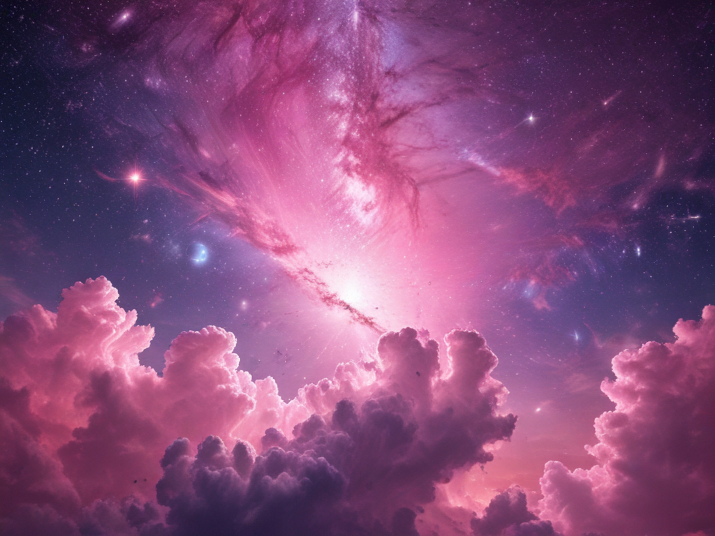 Majestic Cosmic Explosion Illuminating Pink Clouds in a Starry Universe