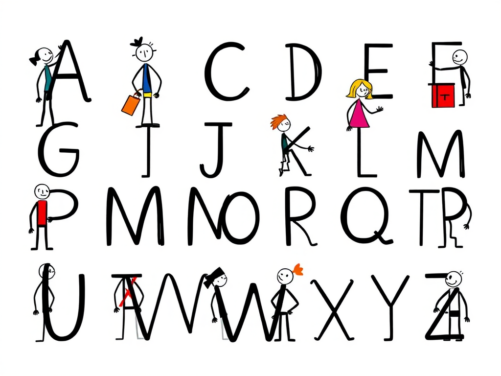 Create a high-resolution illustration of an artistic alphabet featuring stick figure characters representing each letter from A to Z, with a clean white background, shot with a Canon EOS 5D Mark IV at f/8 aperture, 50mm lens, ISO 100, in natural light for optimal detail and clarity.