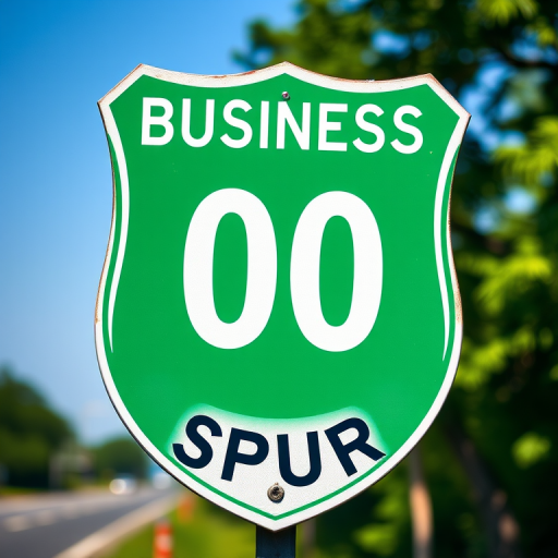 Generate a high-resolution image of a green road sign shaped like a shield with the text "BUSINESS" on the top and "SPUR" below with a large white number "0" centered, using a DSLR camera at f/8 aperture, ISO 100, and 24mm focal length, captured in natural daylight with a shallow depth of field for clarity.