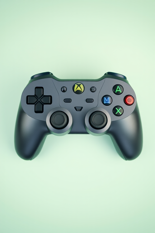 Create a high-resolution image of a game controller from a top-down view, using a DSLR camera with a 50mm lens, aperture set to f/2.8, ISO 100, and natural lighting to enhance details and colors.