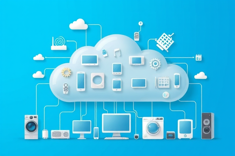 Create an illustration of a cloud computing concept with various connected smart devices and appliances against a solid blue background, using a high-resolution digital art style, captured with a wide-angle lens at f/4.0, ISO 100, 1/125 sec exposure, in a vibrant and modern aesthetic.