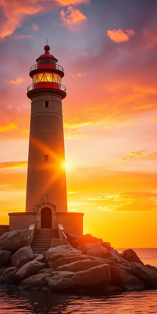 Generate an image of a tall lighthouse perched on a rocky outcrop surrounded by calm ocean waters during a breathtaking sunset. The lighthouse stands sturdy and weathered, its stone surface illuminated by the warm golden light of the setting sun. The sun's rays pass directly through the glass lantern room at the top of the lighthouse, casting a brilliant light across the scene. The sky is painted with vibrant shades of orange, pink, and purple, reflecting off the tranquil sea. The surrounding water shimmers with the same warm hues, creating a serene and majestic atmosphere.