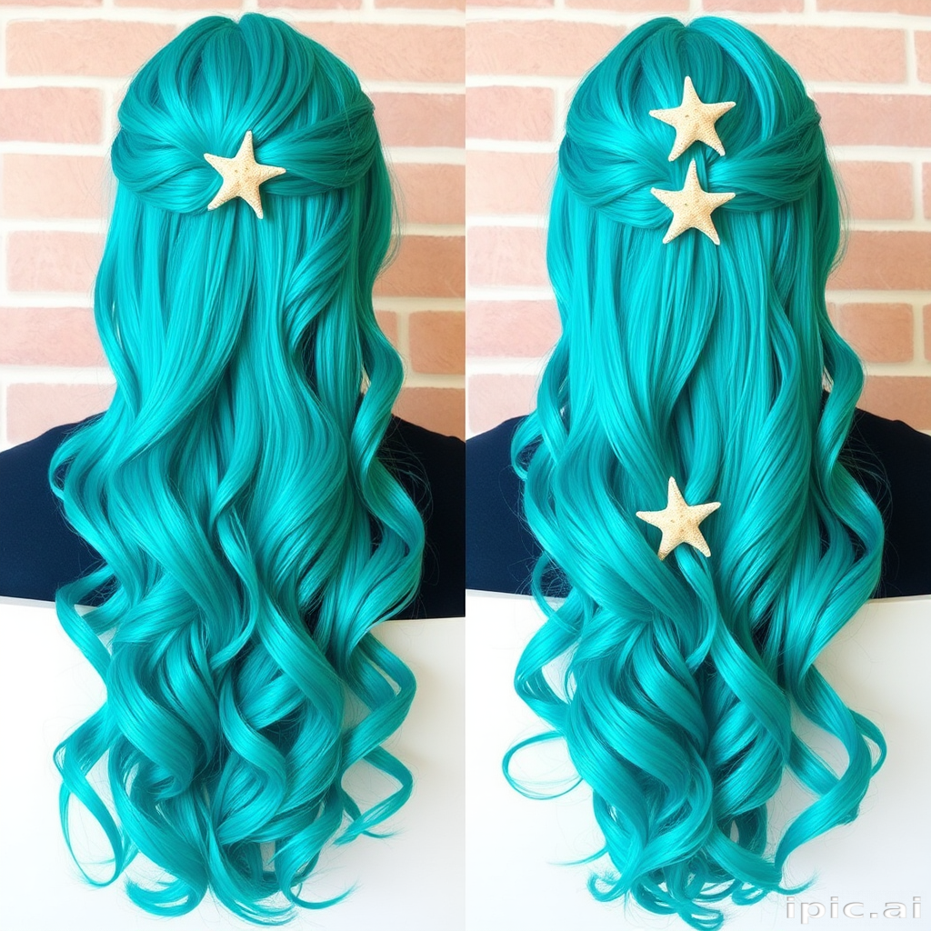 Vibrant teal mermaid waves cascade down to the waist, shimmering with iridescent highlights and adorned with tiny starfish clips, creating an enchanting oceanic allure named Aquamarine Dream
