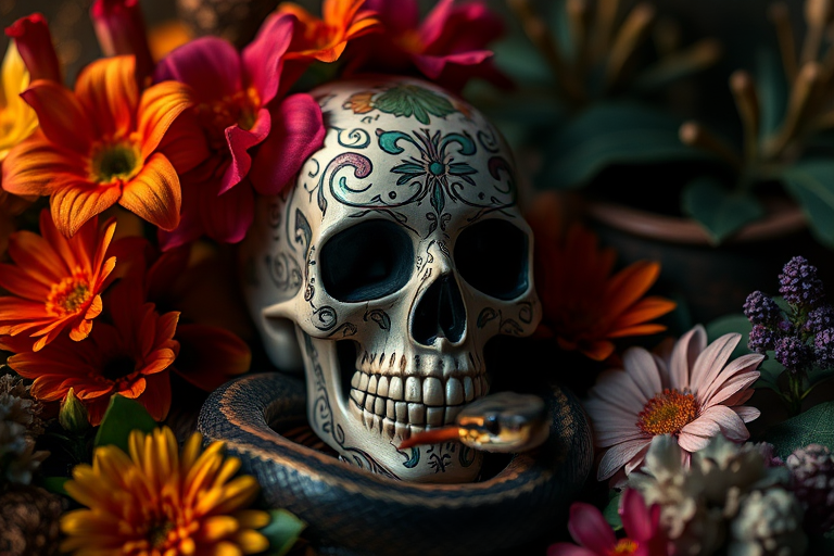 Create a highly detailed image of an intricately decorated skull surrounded by vibrant flowers and a snake, shot in a dimly lit environment using a DSLR camera with a 50mm lens, aperture set to f/1.8, ISO 100, and a soft focus background for depth.
