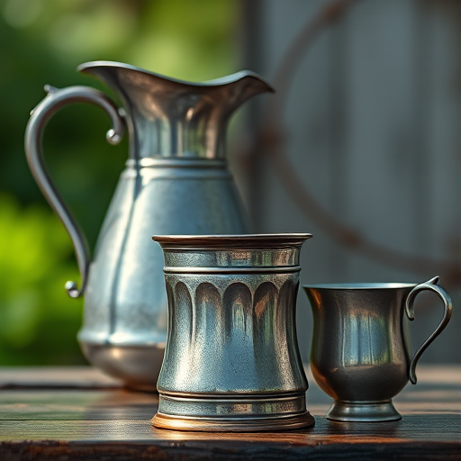 Create an image of three vintage metal vessels: a large pitcher, a medium mug, and a small cup, showcasing intricate details and reflections, captured with a DSLR camera at f/2.8, ISO 100, 50mm lens, in natural light with a shallow depth of field for enhanced focus on the textures.