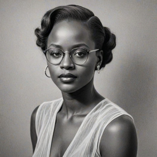 Fetching Lupita Nyong'o, pencil sketch, portrait of Beauteous woman 1930s in glasses, hair style beatnik, outline, clear lines, fine lines, 8k