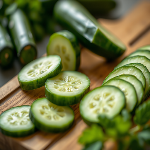 sliced cucumbers on a wooden cutting board, macro shot, shallow depth of field, f/2.8 aperture, 50mm lens, natural lighting, soft focus background, high dynamic range, DSLR camera