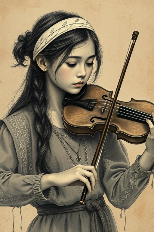a young M'tis woman with a white headband playing a violin, in the style of a charcoal drawing, sepia grunge background