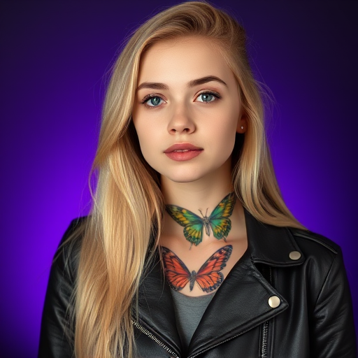 portrait of a young woman with long blonde hair wearing a leather jacket, vibrant butterfly tattoos visible on her neck, soft focus background with purple hues, 50mm lens, f/1.8 aperture, ISO 100, studio lighting, high-resolution digital photography