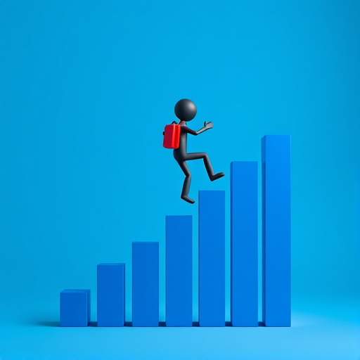 create an image of a 3D stick figure with a backpack climbing a blue bar graph with increasing heights, focus on bright colors and high contrast, use a Canon EOS R5 with a 50mm lens at f/2.8, ISO 100, and a shutter speed of 1/200s, in a studio setting with softbox lighting for enhanced clarity and detail