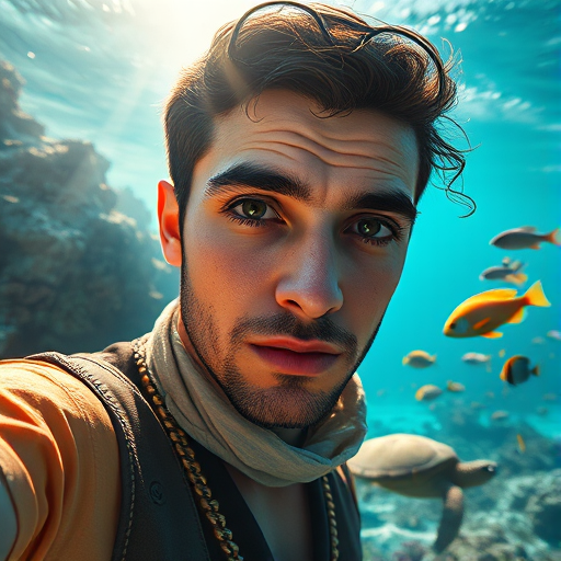 Realistic selfie image of a Middle Eastern, wearing a vintage outfit, detailed dreamy eyes, droopy hooded eyes, staring at the camera, taken underwater at coral reef with a sunbeam filtering through the water, vibrant, summer vacation, natural lighting, turtle and school of tropical fish with vibrant colors, rendered in the style of CryEngine, Pegi Nicol MacLeod, with realistic genre scenes, hauntingly beautiful narratives, ultra-realism, and Thomas Saliot's close-up technique, 8K resolution, crystal clear and sparkling water.