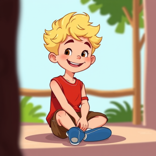 Create a cartoon-style illustration of a cheerful boy with curly blonde hair sitting down, wearing a red sleeveless shirt and brown shorts, focus on bright colors and clear outlines, shot with a Canon EOS R5 at f/2.8, 50mm lens, soft focus background for depth.