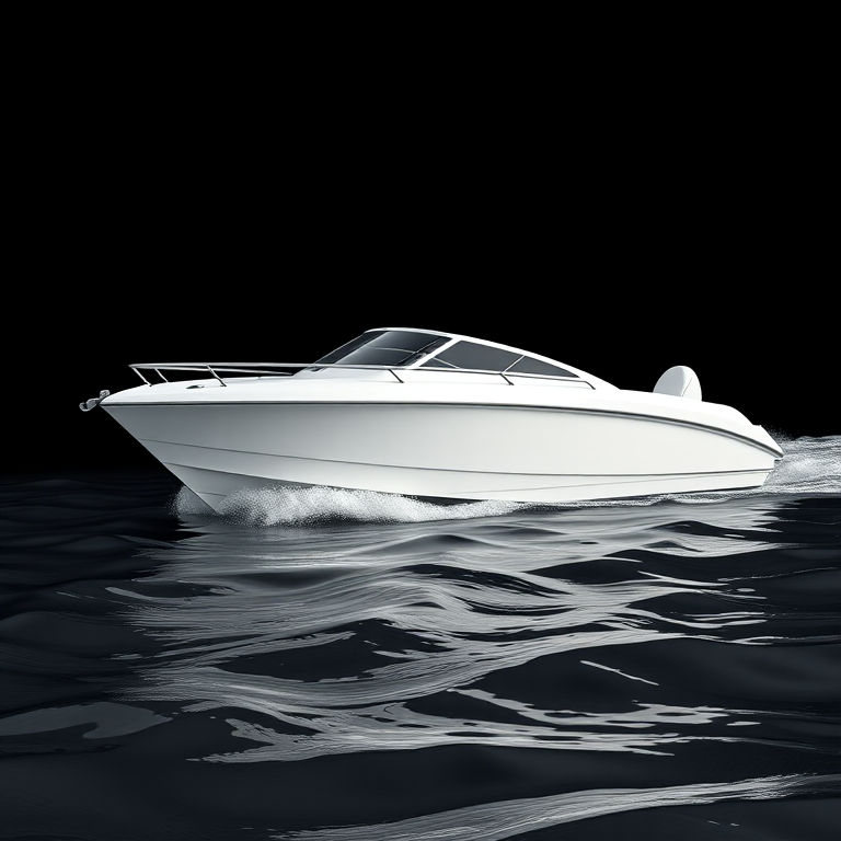 generate an image of a sleek white boat on wavy water set against a black background, using a DSLR camera with a 50mm lens, aperture set to f/2.8, ISO 100, and a shutter speed of 1/500 sec for high clarity and contrast
