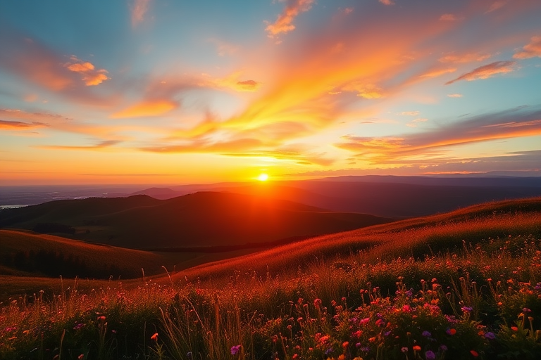 A serene landscape with rolling hills at sunrise, vibrant colors lighting the sky, foreground filled with wildflowers, shot with a Canon EOS R5, 24mm lens, f/8 aperture, ISO 100, golden hour lighting, wide-angle view for depth.