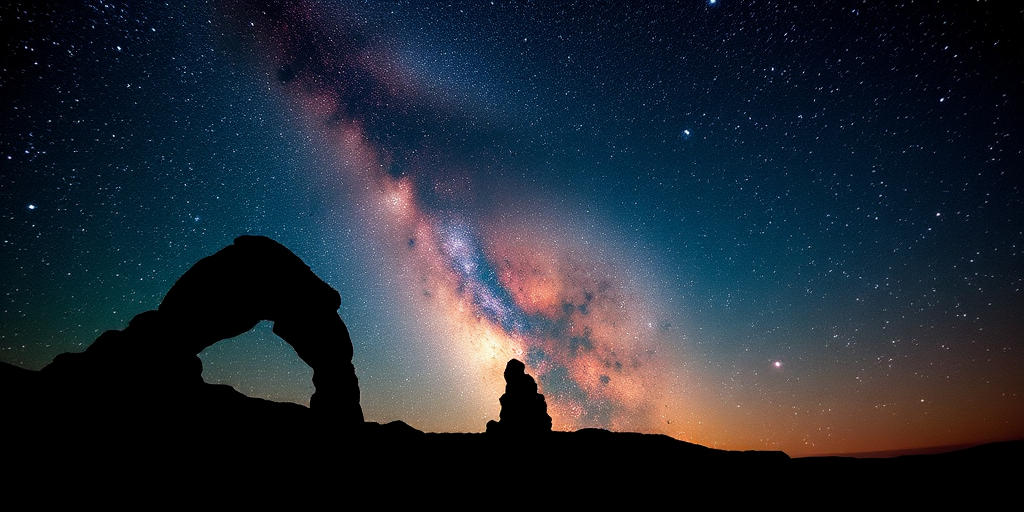 generate a high-resolution image of a dark silhouette of an arch rock formation against a vibrant night sky filled with stars and colorful nebulae, using a Canon EOS R5 camera, 24mm lens, f/2.8 aperture, ISO 1600, and a 30-second exposure time for a clear and detailed view of the Milky Way.