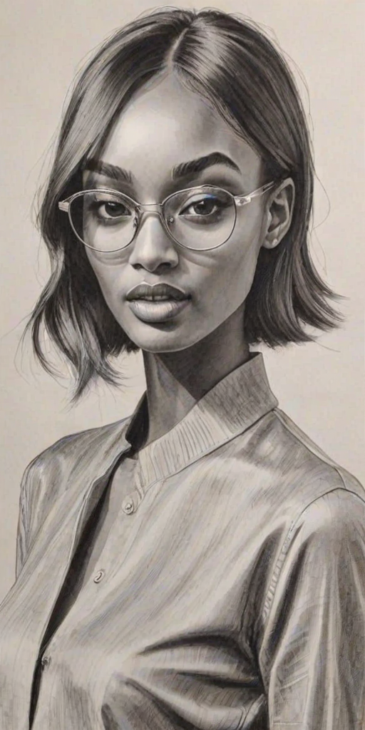 Appealing Jourdan Dunn, pencil sketch, portrait of Splendid woman 1964s in glasses, hair style beatnik, outline, clear lines, fine lines, 8k