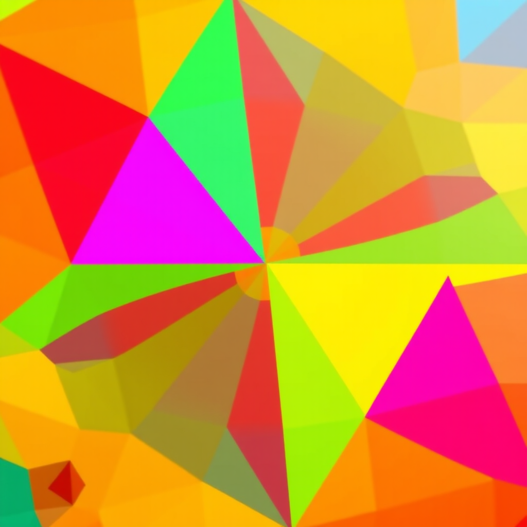 Create an abstract colorful geometric pattern with vibrant hues of yellow, orange, green, blue, pink, and red, captured using a DSLR camera with a 50mm lens, aperture f/2.8 for a shallow depth of field, ISO 200, and a bright, diffused lighting setup.