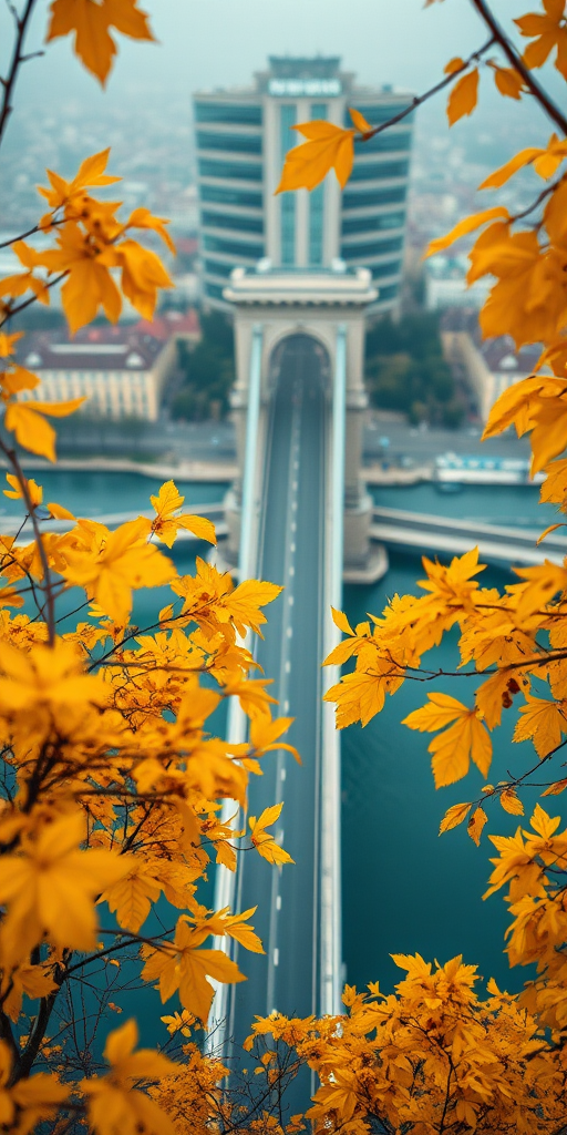 Capture an overhead shot of the Liberty Bridge in Budapest during autumn, with vibrant yellow leaves in the foreground, using a Canon EOS R6, 35mm lens, f/2.8 aperture, ISO 200, with a soft focus background to enhance depth.