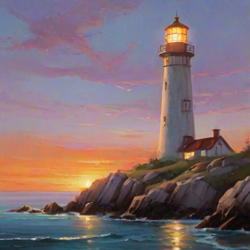 Generate an image of a tall lighthouse perched on a rocky outcrop surrounded by calm ocean waters during a breathtaking sunset. The lighthouse stands sturdy and weathered, its stone surface illuminated by the warm golden light of the setting sun. The sun's rays pass directly through the glass lantern room at the top of the lighthouse, casting a brilliant light across the scene. The sky is painted with vibrant shades of orange, pink, and purple, reflecting off the tranquil sea. The surrounding water shimmers with the same warm hues, creating a serene and majestic atmosphere.