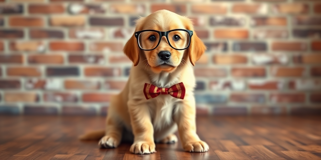 A golden retriever puppy wearing large glasses and a bow tie sitting in front of a brick wall with a wooden floor.